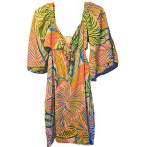 blue steel tropical palm linen blend cut out mini dress size medium